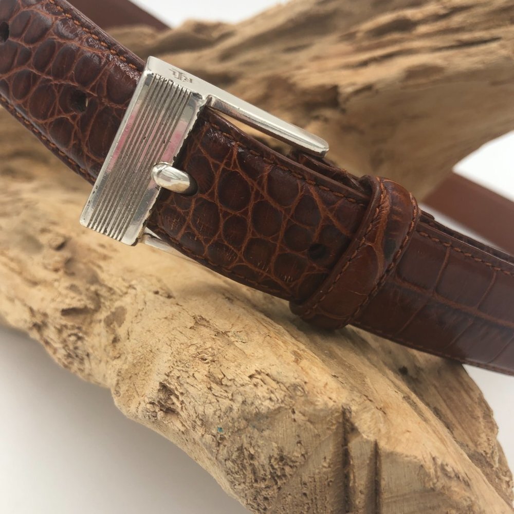 LAUREN Ralph Lauren Cognac Brown Croc-Embossed Leather Belt with Silver Buckle S - Picture 2 of 8